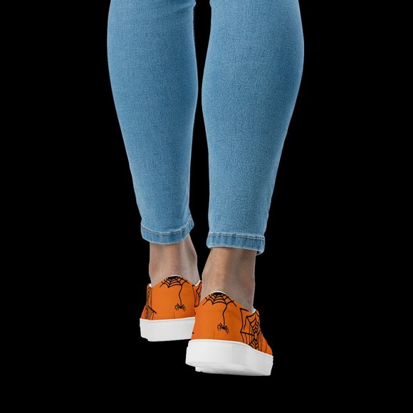 women's slip-on spider canvas shoes orange & black Halloween  fall spiderweb - Picture 2 of 14